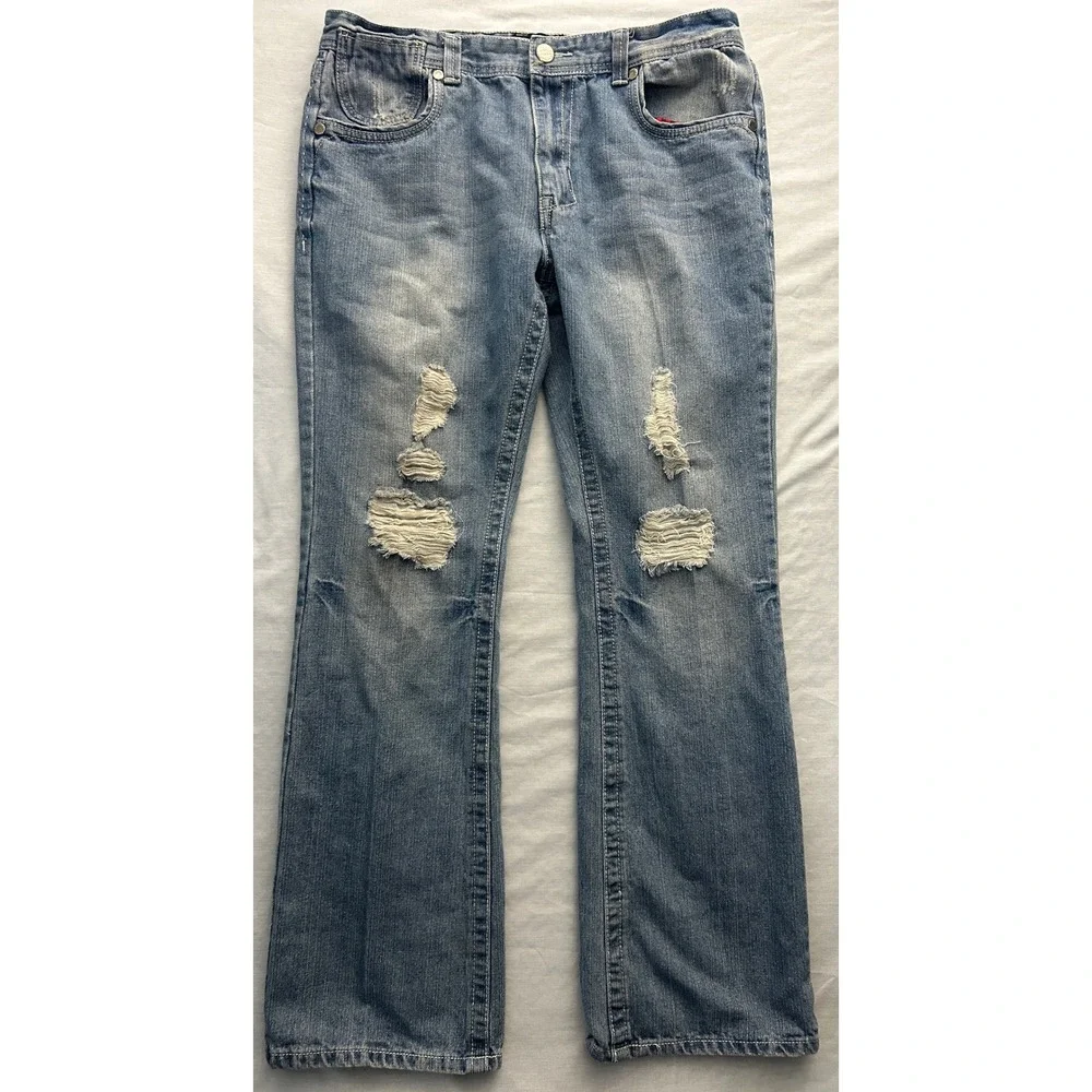 Montero Jeans Mens 36x32 Blue Distressed Ripped Straight Y2K Denim Flap Pocket